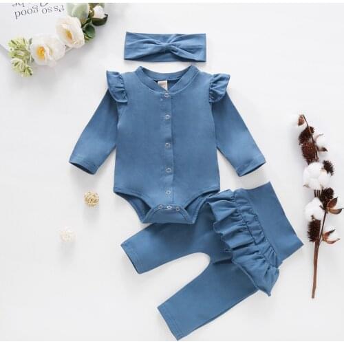 Newborn Baby Girl Solid Color Long Sleeve Cotton Bodysuit Tops Ruffles Long Pant Trouser 2PCS Outfits Autumn Clothes Set