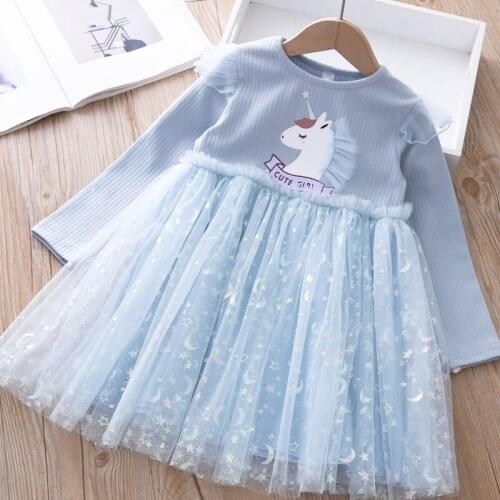 Unicorn Dress For Kids Girls 2021 Spring Autumn Girls Cartoon Costumes Stars Moon Princess Mesh Dress 3-7 Years Clothes vestidos
