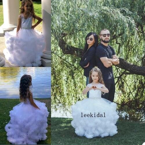 Lovely Tiered Flower Girls Dresses Jewel Neck Beads Sash Pageant Dress for Girls Custom Made Floor Length Kids Birthday Gowns