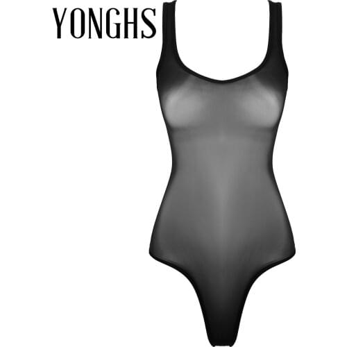 Sexy Womens Erotic Lingerie Bodysuit Underwear See-through Mesh Sexy Costume Glossy Scoop Neck Sleeveless Leotard Nightwear