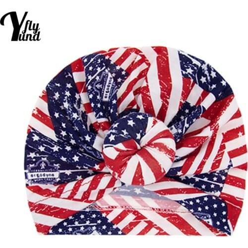Yundfly American Flag Star Print Donut Infant Caps Fashion Striped Round Ball Baby Turban Hats Newborn Headwear Birthday Gifts