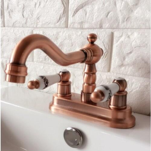 Antique Red Copper Brass Deck Mounted Dual Ceramic Handles 4" Center Hole Bathroom Two Holes Basin Faucet Mixer Taps mrg046