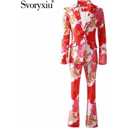 Svoryxiu 2021 New Autumn Winter Red Flower Print Pants Suits Womens Fashion Single Button Jackets + Pants Two Piece Set