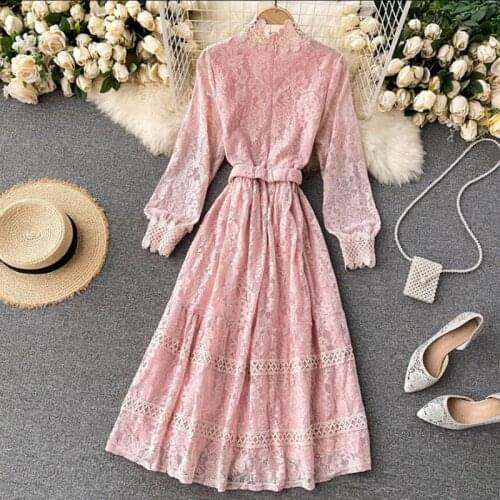 Spring Lace Dresses For Women 2021 New Vintage Stand collar With belt Hollow Out Elegant Long Sleeve Pink Dress Party Vestidos