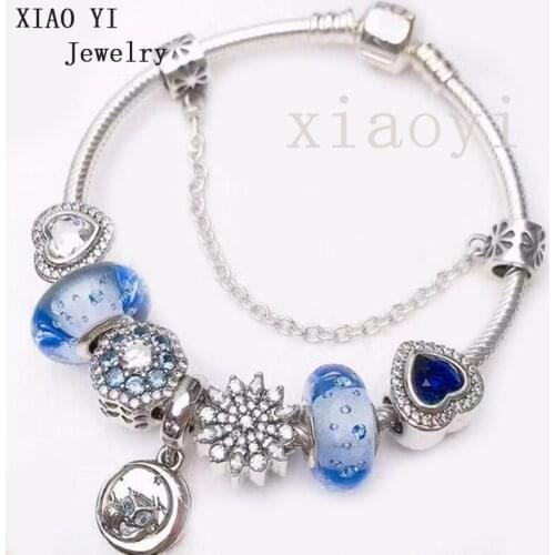 XIAOYI 2020 New 100% S925 Blue snow Owl love safety chain charm personality fashion high quality bracelet DIY bead jewelry