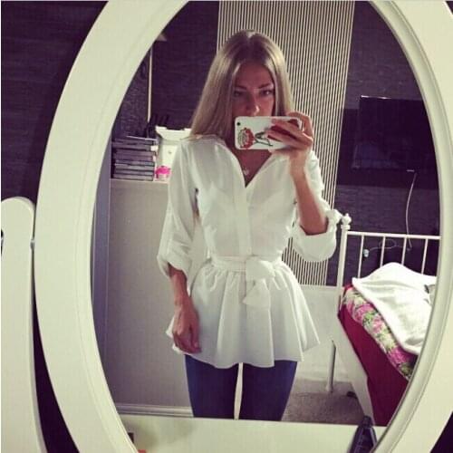 Meihuida 2019 New Women Loose Button Down Tops Long Sleeve Slim Solid Lace Up Shirt Blouse White Shirts