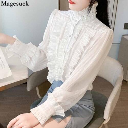 Elegant Stand Collar Ruffle Stitching Women Shirt Long Sleeve Loose Vintage Chiffon Blouse Stripe Slim White Tops Mujer 16232