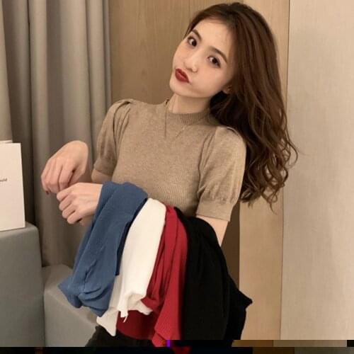 DAXIN Women Slim Puff Sleeve Knitted T-Shirt Short Sleeve Solid Color Sexy Ladies Summer Tee Shirt Tops