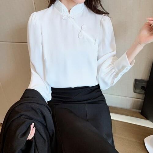 Retro Chinese Women Blouse Traditional Vintage Oblique Shirt Summer Chiffon Oriental Woman Tops Mandarin Collar Cheongsam 31147