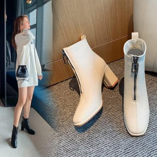 Spring and Autumn 2020 new front zipper Martin boots square-toed chunky heel womens boots fashion versatile high heels X557