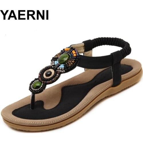 YAERNI Summer new womens flat sandals shoes woman Bohemia beach sandals ethnic retro student flip flop sandals size 35-42