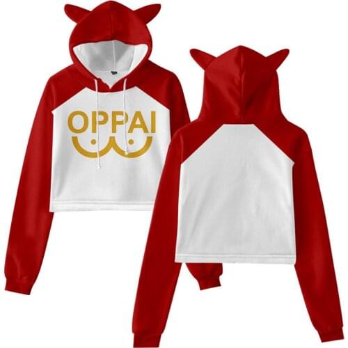 NEW Anime One Punch man Saitama Oppai Cat Cropped Hoodies Women Long Sleeve Hooded Pullover Crop Tops Casual Streetwear Clothes