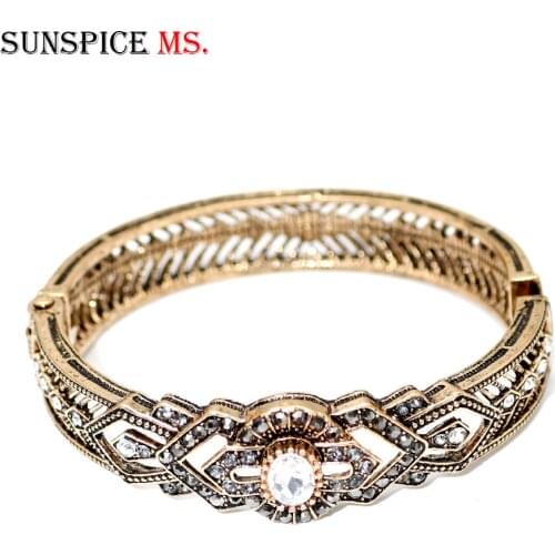 SUNSPICE MS Retro Gold Color Turkish Vintage Bangle for Women Ethnic Banquet Jewelry Gift Bohemia White Crystal Cuff Bracelet