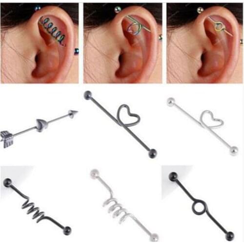 Punk 1Pc Stainless Steel Arrow Heart Spiral Industrial Cartilage Long Straight Bar Ring Ear Body Piercing Jewelry