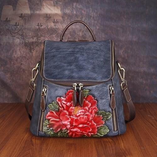 2021 Retro Genuine Leather Floral High Quality Women Luxury Backpack 2021 New Large Capacity Cowhide Travel Backpack