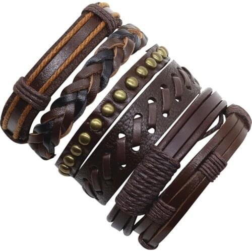 6pcs/set Brown Combination Wrap Fashion Alloy Vintage Cuff Bangle Genuine Leather Bracelets Men Women Jewelry Accessories