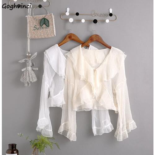 Blouses Women Ruffled Collar Lace-up Summer Sun-protection Breathable Korean Style Sweet Girls Loose All-match Outerwear Female