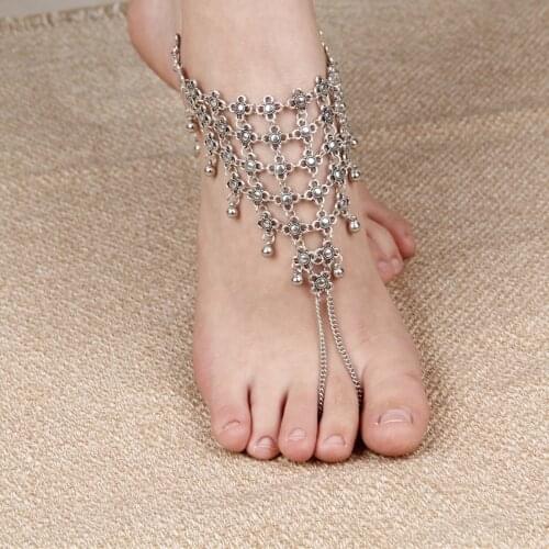Boho Antique Silver Color Geometric Flower Tassel Toe Ring Anklets Summer Beach Barefoot Sandals Foot Jewelry For Women anklets