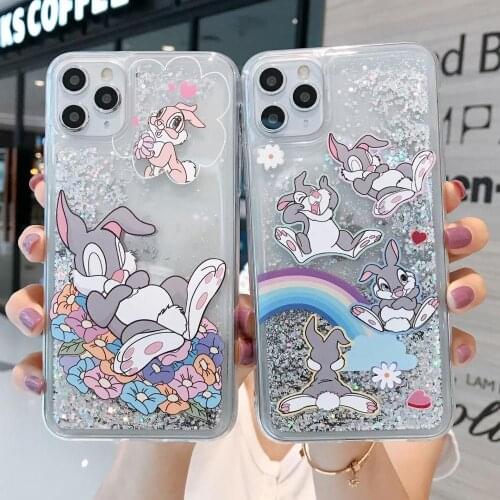 Cute Cartoon Rainbow Bunny Cover For iPhone 12 Pro Max mini 11 PROMAX 6 6s 8 7 Plus XSMAX XR Glitter liquid quicksand Phone case