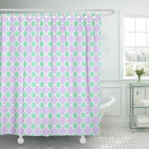 Cloverleaf Quatrefoil Lattice Pattern White on Lilac Purple Shower Curtain Waterproof Polyester Fabric 72 x 78 Inches Set