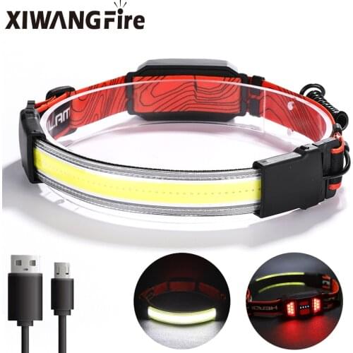 COB LED Headlamp Riding Headlamp Head Torch Light 1200mAh USB Rechargeable Work Light 3 Modes Red Warning Strobe Camping Light