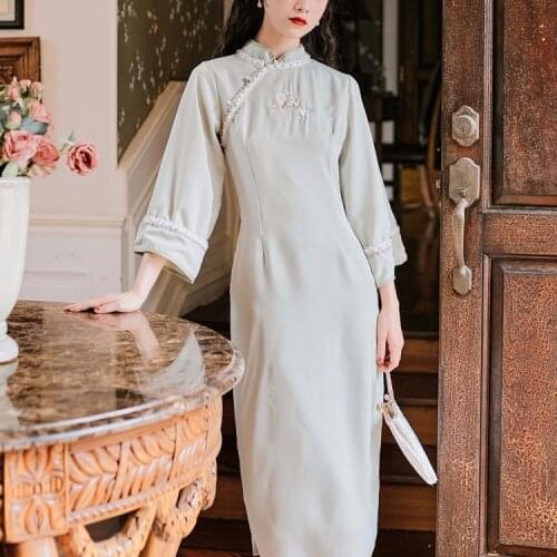 Spring and Autumn New Womens Art Nail Bead Embroidered Improved Cheongsam Daily Girls Long Dress