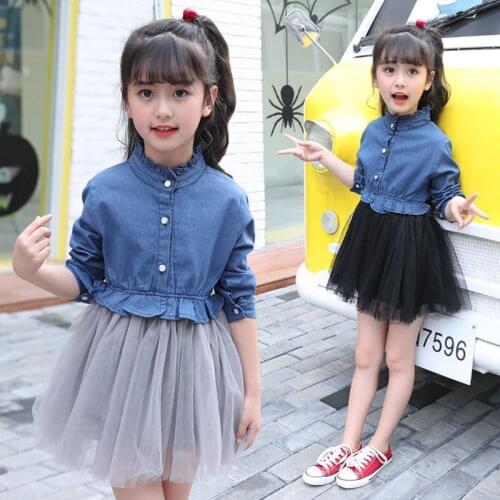 Autumn New style high quality Girls Denim dresses Kids cotton Long sleeve gauze patchwork Fashion cowboy dress 2-8years
