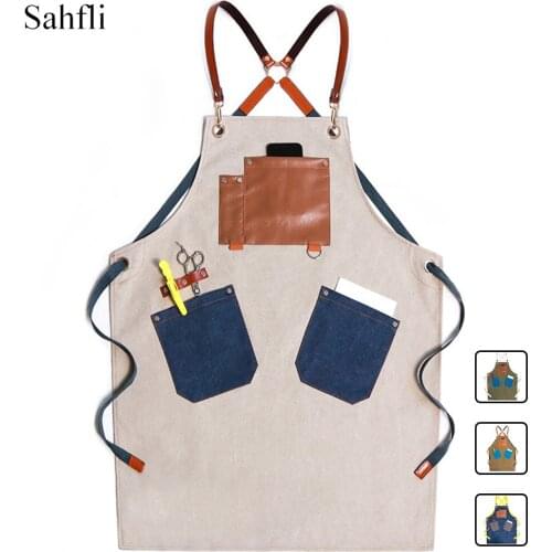 Denim Overalls Adult Sleeveless Apron Korean Style Multicolor Mix and Match Cross Double Shoulders Sling Design Multiple Pockets