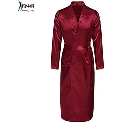 Chinese Mens Wine Red Satin Robe With Belt Kimono Bathrobe Gown Nightgown Sleepwear Home Leisure Pajamas S M L XL XXL TBG0611