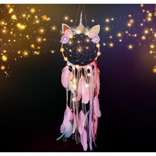 Unicorn Dream Catcher Pink Feather Handmade Dream Catchers for Girls Kids Nursery Bedroom Wall Hanging Decoration Blessing Gift