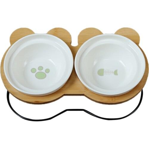 Cartoon High-end Pet Bowl Bamboo Shelf Ceramic Feeding and Drinking Bowls for Dogs Cats Pet Feeder Accessories Pets Products