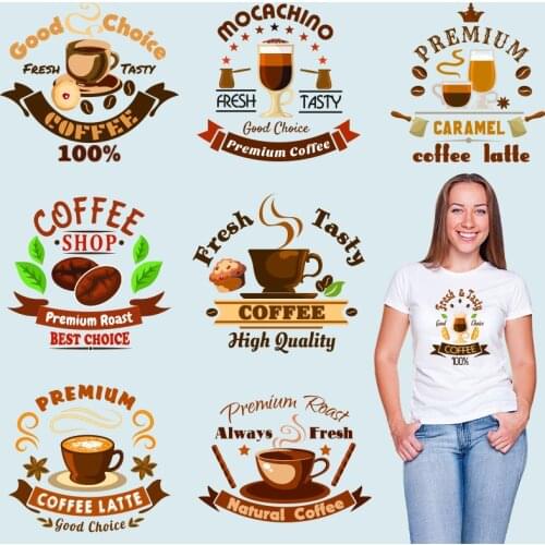 Coffee Tea breakfast Patches for clothing Ironing stickers DIY Appliques Heat Transfer printing Patches for Clothing DIY T-shirt