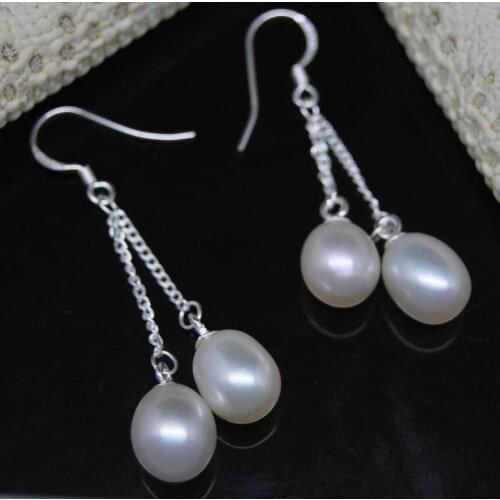 New Lovely Natural 7-8MM White akoya pearl earring word earrings ohrring Pendiente wholesale -jewelry