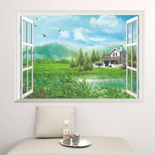 New Fashion 3D Fake Window Wall Stickers Pastoral Landscape Wall Poster For Living Room Bedroom Mural Sticker Home Decor qt132