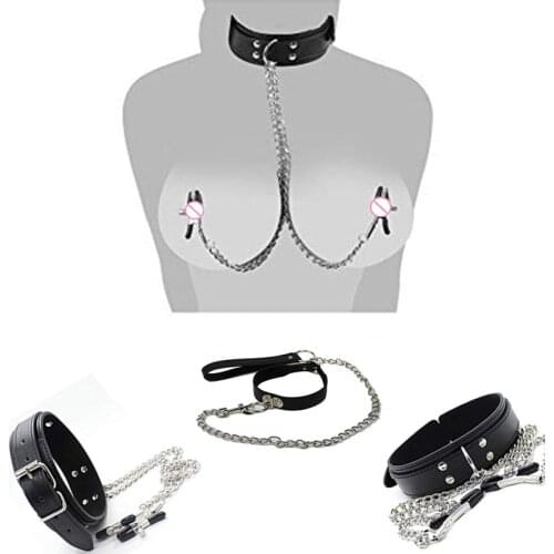 Faux Leather Choker Collar With Nipple Breast Clamp Clip Chain Couple SM Adult Sex Toys For Woman Sex Tools For Couples Games