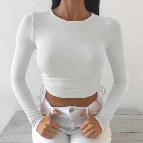 Casual Solid O-Neck Long Sleeve Crop Top Women Side Drawstring Ruched White T-Shirt Female Tee Shirt Top for Women Clothing 2020