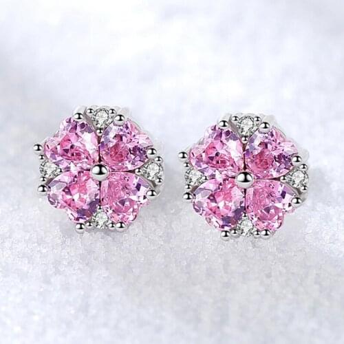 KOFSAC Charm Pink Heart Crystal Jewelry 925 Sterling Silver Earrings For Women Wedding Cute Flower Stud Earring Girl Best Gifts