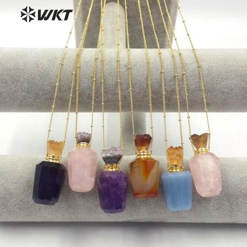 WT-N1169 New!!! Perfume Bottle Necklace Natural Stone Necklace Stone Bottle Druzy Lids With Gold Electroplated Chain Necklace