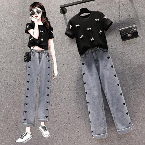 Two-piece Plus Size Womens 2021 Summer New Fashion Casual T-shirt Jeans Two-piece Womens Womens Pants