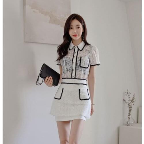 2021 Summer New Women Work 2 Pieces Set Perspective Lace Blouses + Fashion Pencil Bodycon Skirt Casual Simple Skirt Suits