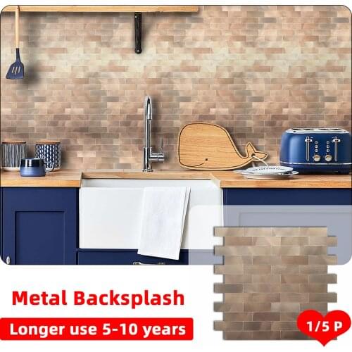 1/5pcs Brick Metal Backsplash Self Adhesive Wall Sticker Hard-wearing Peel & Stick Tile Waterproof Fireproof Kitchen Wall Floor