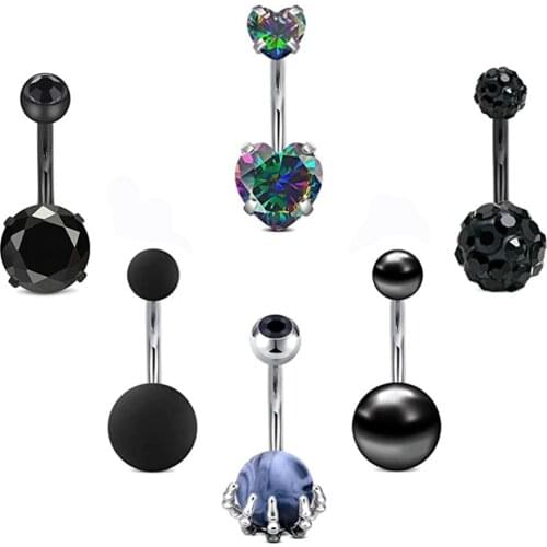 6 Pcs/Pack 14G Surgical Steel Bar Zircon Heart Belly Piercing Crystal Balls Belly Button Rings Earrings Navel Piercing Jewelry