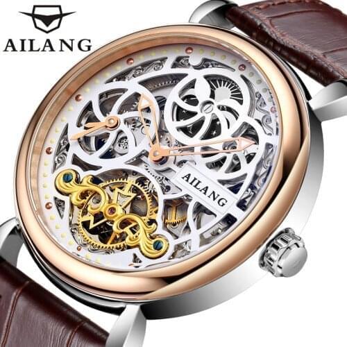 AILANG New Fashion Automatic Hollow Mens Tourbillon Mechanical Movement Watch Business Luminous Waterproof Skeleton Men 6815A