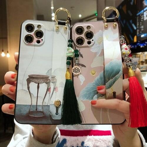 Wrist Strap Tassel Shell Case For iPhone 11 12 Pro Max XR XS max 12 mini 6 6S 7 8 Plus SE Soft Silicone Phone Holder Cases Cover