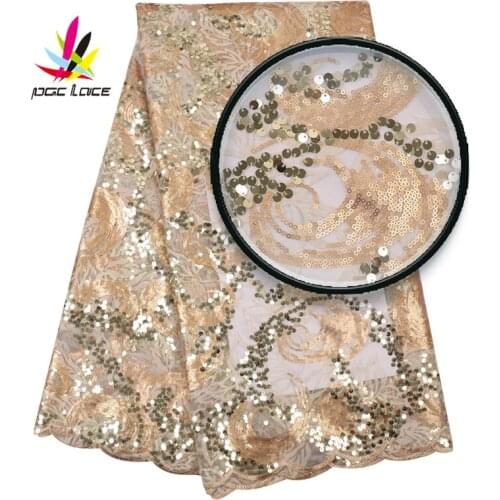 Champagne Gold Sequined Embroidered Net Classical Design African Guinea Sequins Wedding Mesh Prom Dresses Sewing Lace Fabircs