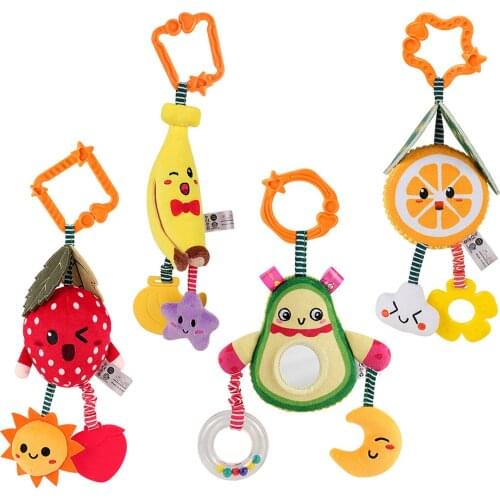 Newborn Baby Plush Stuffed Rattle Toys Stroller Hanging Animals Bed Mobile Cartoon Fruit Infant Stroller Teething Soothing Toys