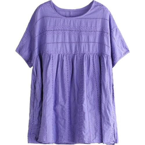 Womens Elegant Embroidery Cotton T-shirt New Summer Short Sleeve Hollow Out Tops Female Solid Color Tees