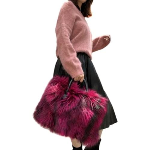 IANLAN Womens Genuine Cowhide Hard Handle Big Handbag Full-pelt Fox Fur Large Shoulder Bag IL00542