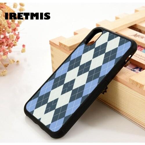 Iretmis 5 5S SE 6 6S TPU Silicone Rubber Phone Case Cover for iPhone 7 8 Plus X Xs 11 12 MINI Pro Max XR GREY & BLUE ARGYLE