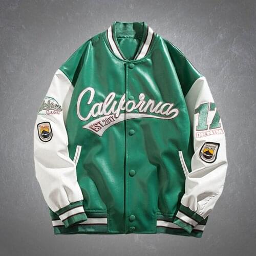 Vintage PU Leather Baseball Jackets Mens Letter Embroidery Patchwork Bomber Coats Casual College Style Unisex Autumn Streetwear